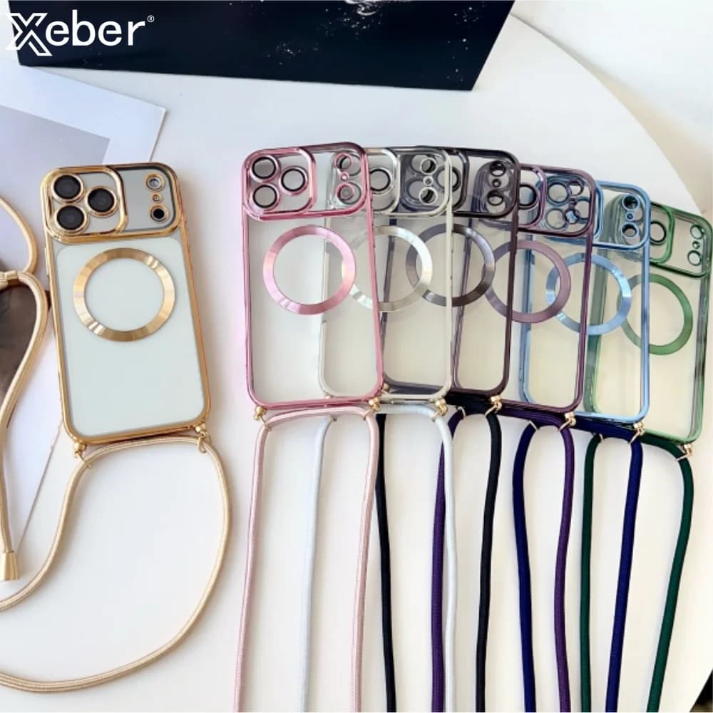 Magnetic plated shoulder strap for Magsafe transparent case for iPhone 17 Pro Max 16 15 Plus 14 13 12 11 Soft bumper cover