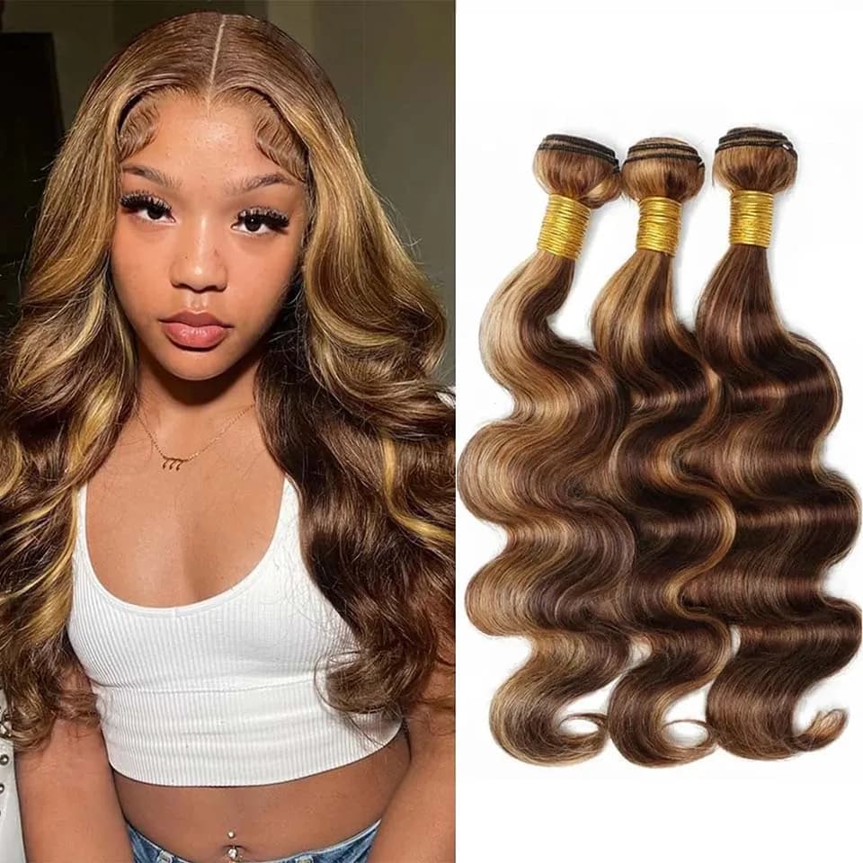 P4/27 Highlight Body Wave Bundles Human Hair Bundles 100% Human Hair Bundles Brown Brazilian Hair Weave Bundles 10-30 Inches