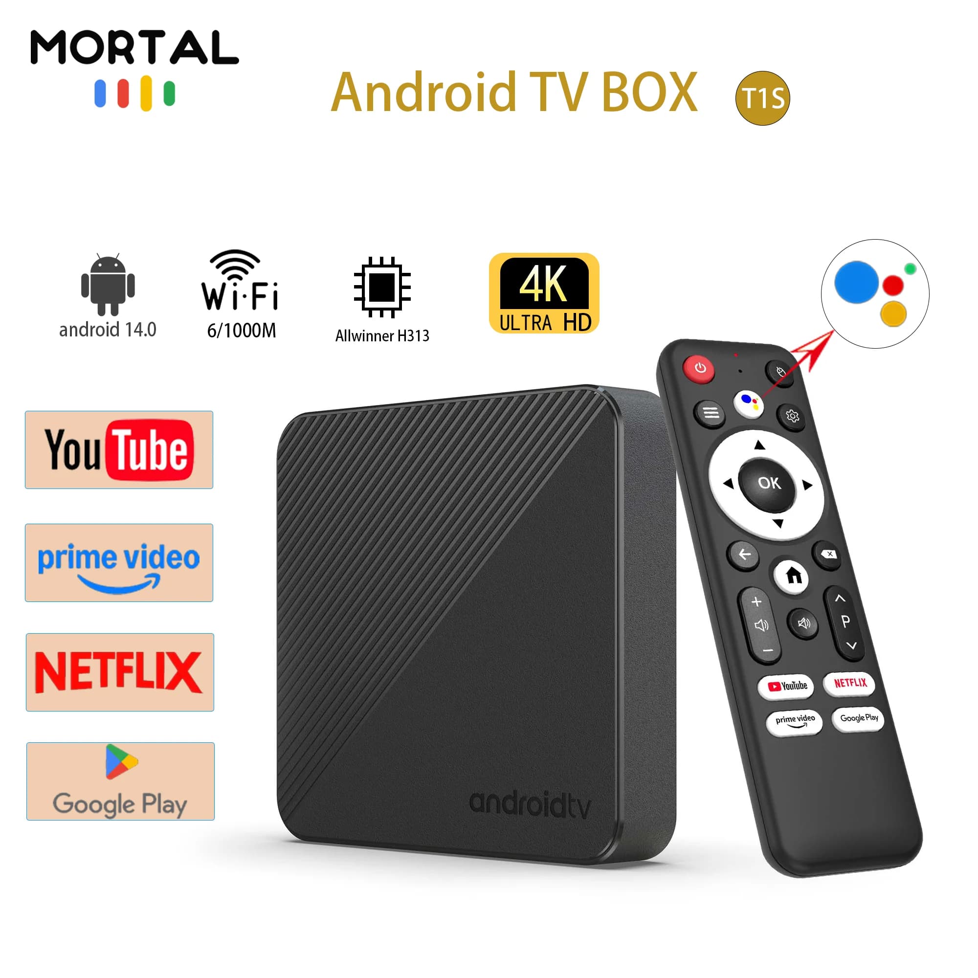 Android14 TV Box Mortale T1S 4K Smart Home Theater AllwinnerH313 Chip Wifi6 1000M Bluetooth Chromecast Streaming Media Player