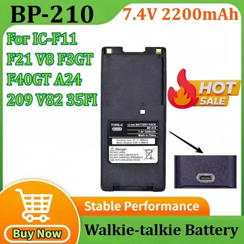 Per Icom BP-210 7.4V 2200mAh Radio bidirezionale Walkie-talkie Batteria per IC-F11 F21 V8 F3GT F40GT A24 209 V82 35FI con TYPE-C