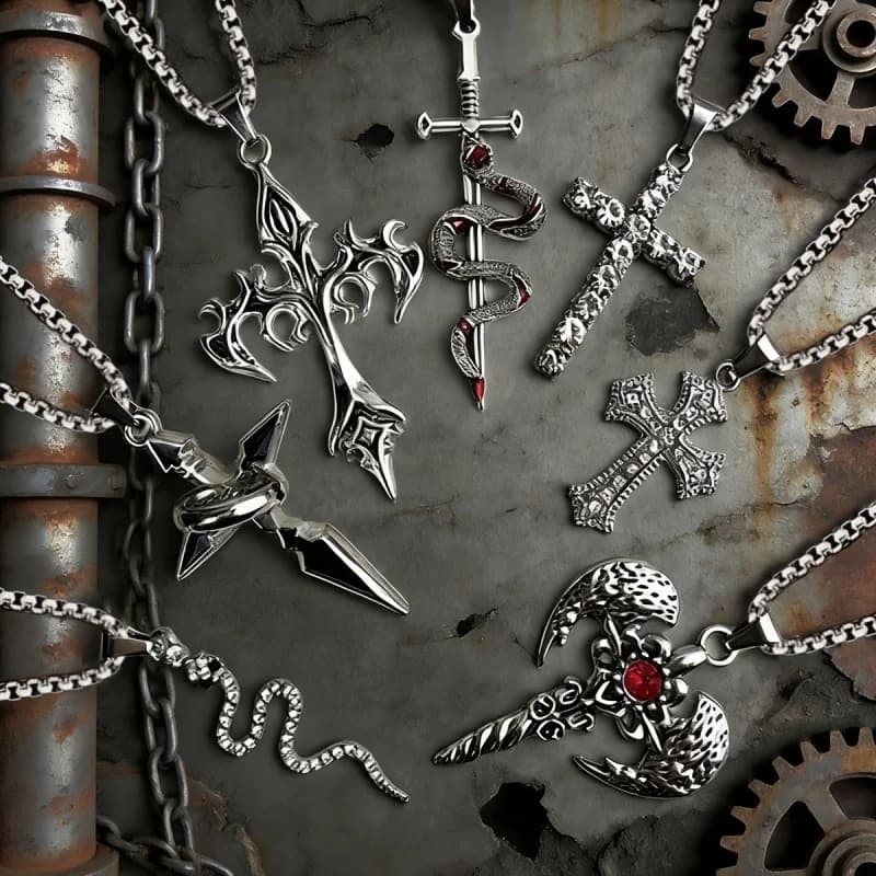 7Pcs Gothic Pendant Necklace Set Snake Sword Cross Axe Dagger Silver Box Chain Punk Neck Men's and Women's Jewelry