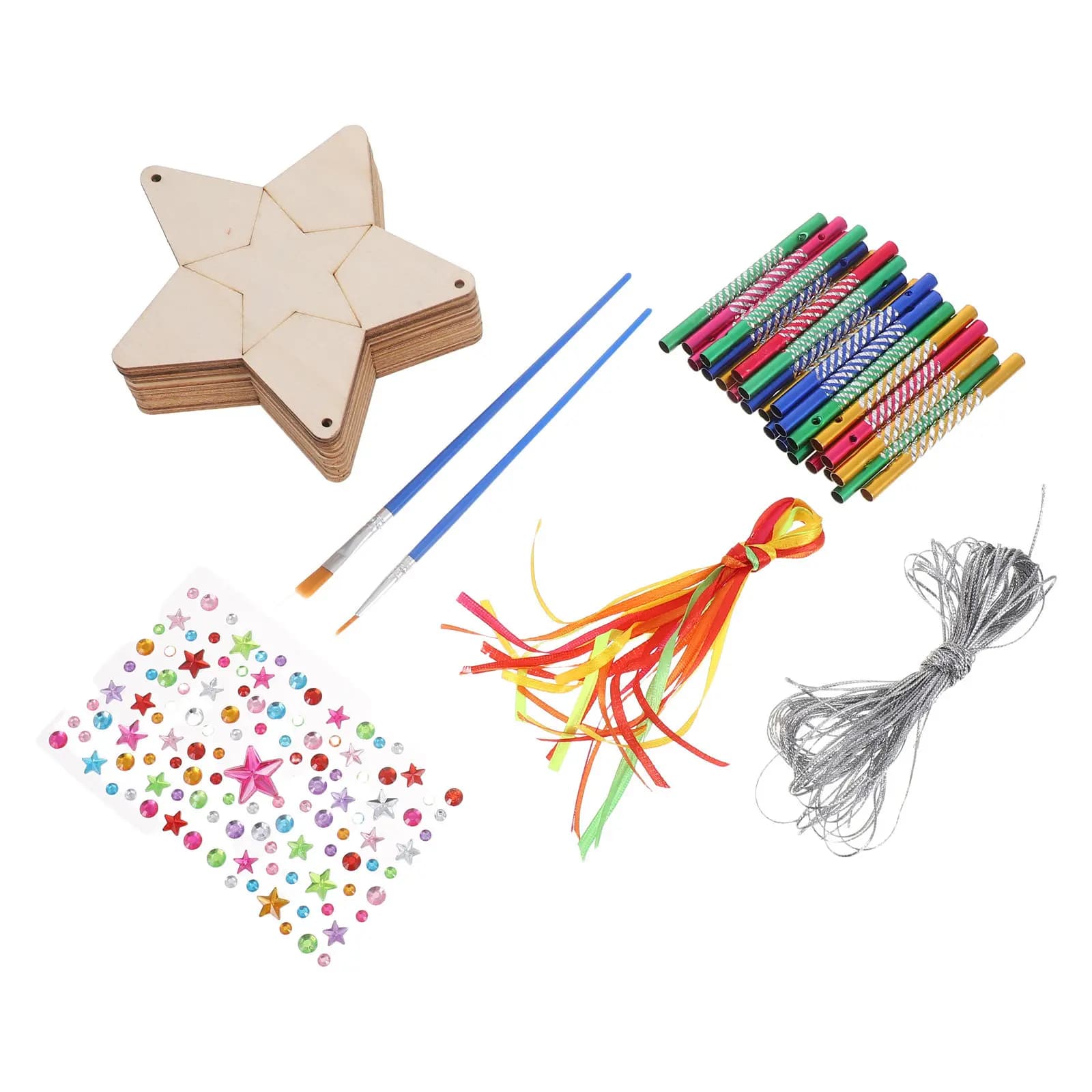 12Sets Kids DIY Wooden Star Wind Chime Craft Kit Unfinished Wood Coloring Arts Crafts Supplies for School Party Decorations