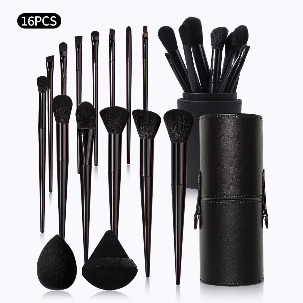 Set di pennelli per trucco neri da 16 pezzi, borsa per il trucco, manico in plastica, stile semplice, pennelli per trucco, strumenti per il trucco, multifunzionali, portatili, per la casa