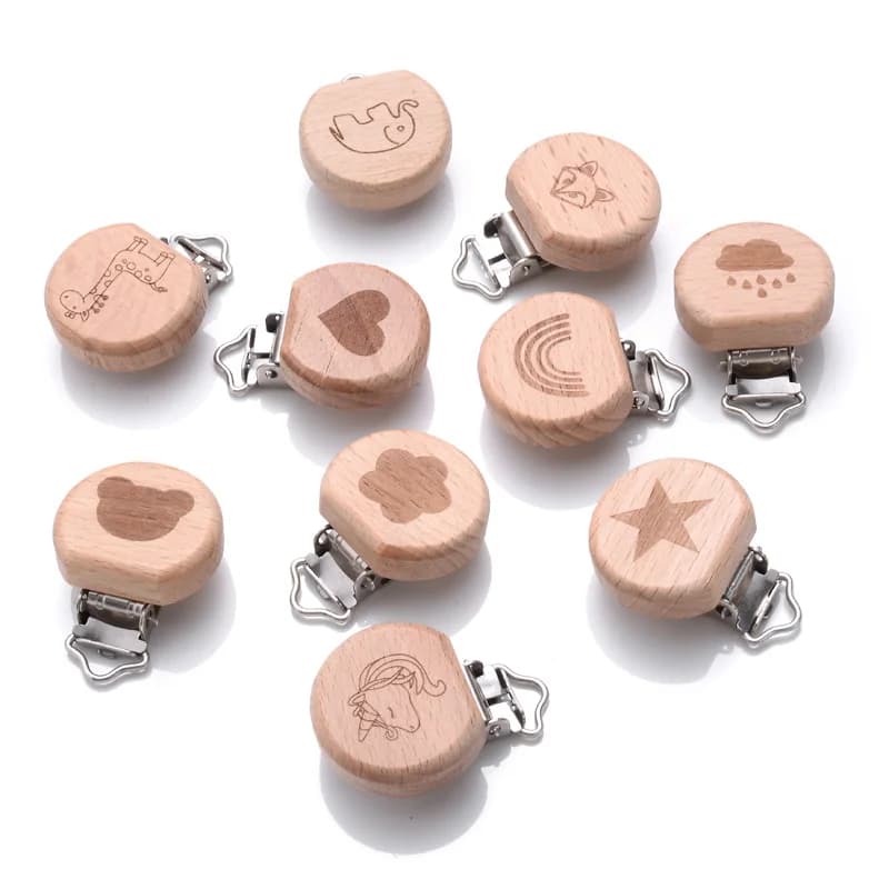 5 pz/lotto Del Bambino di Legno di Faggio Ciuccio Pinze Per Il Bambino Da Masticare Accessorio di Alimentazione Manichino di Legno Clip FAI DA TE Tettarelle Da Biberon Catena Titolare Catena di Dentizione