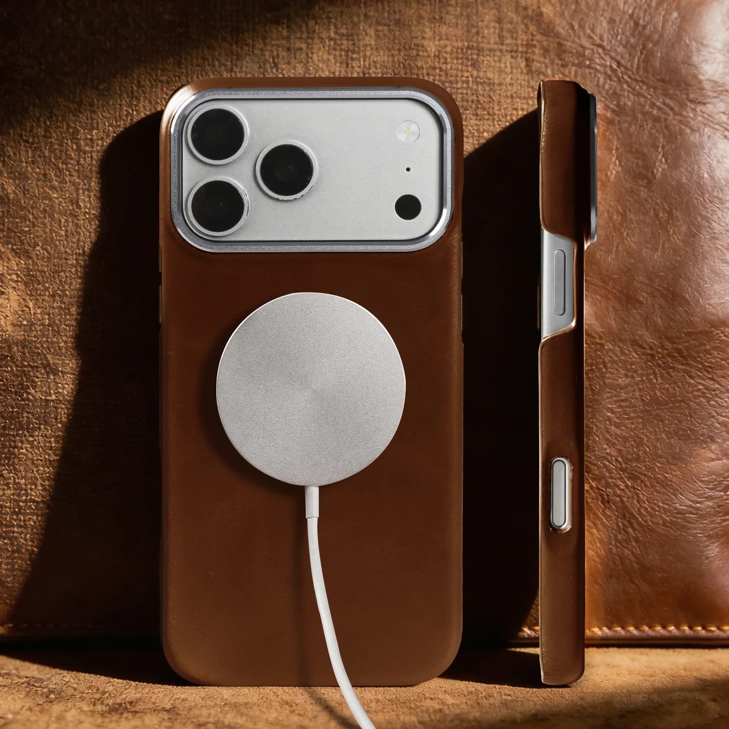 Genuine Leather Magnetic Clasp for iPhone 17 Pro Max Air 14 15 16 13, Rear Cover with Metal Camera and Wireless Charging