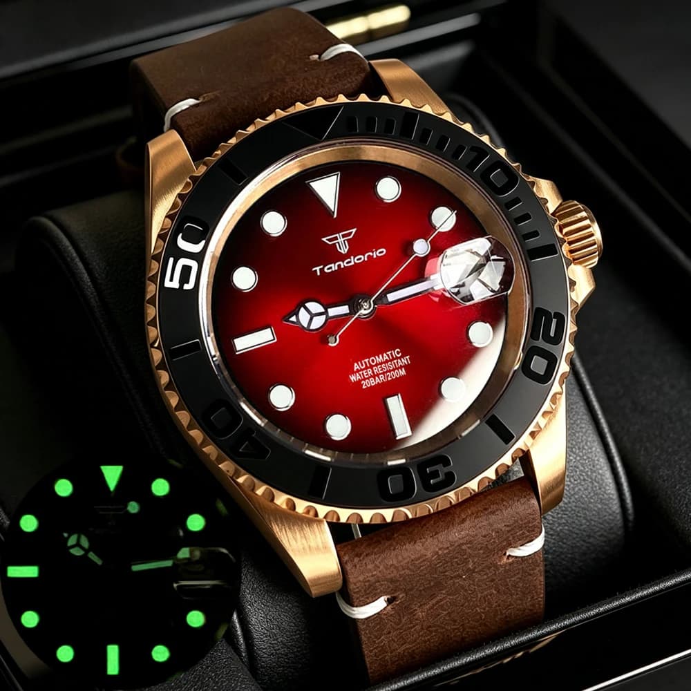 Real Bronze Tandorio Green Red Dial 40mm Miyota 8215 2824 Mechanical Dive Watch Men 200M Waterproof Lume Sapphire Leather Band