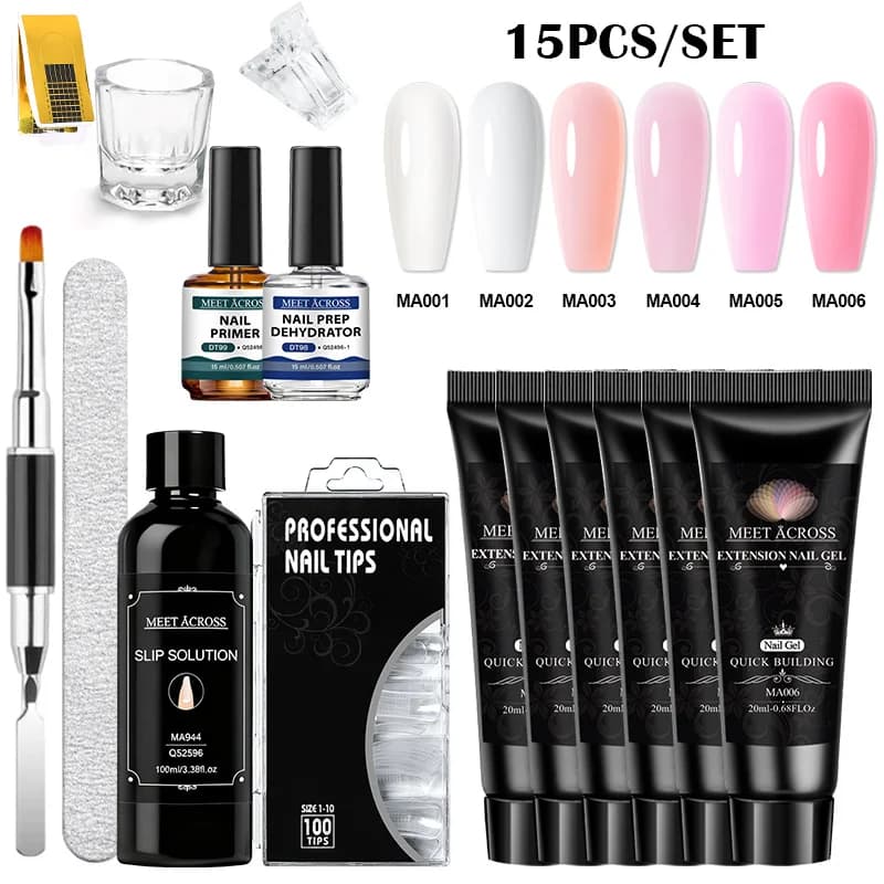 Kit di gel per unghie per estensione da 15 pezzi Rosa Strumenti completi per costruzione rapida Set di forme di pennello con clip in cristallo Strumenti per prolunga per manicure Forniture per unghie