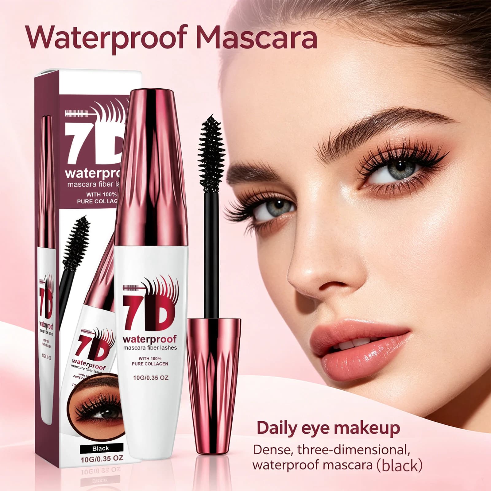 7D Waterproof Mascara Fiber Lengthening Volumizing Mascara Smudge-Proof Natural Looking Finish for Soft and Full Lashes Makeup