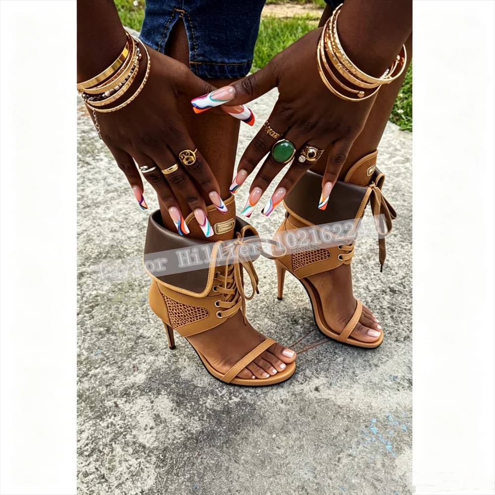 Women Open Toe Stiletto Heel Sandals Lace-Up Mesh Patchwork Cuff Ankle High Heels Fashion Party Nightclub Dress Shoes For Ladies