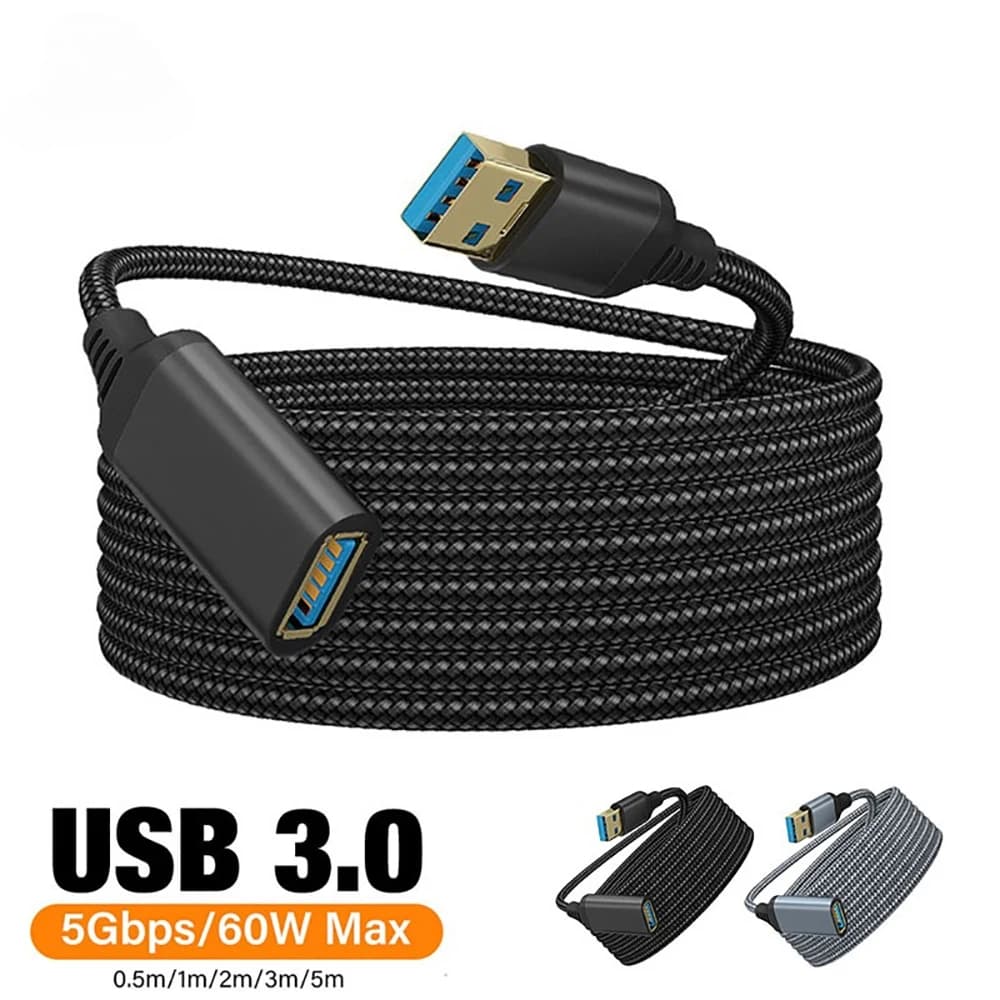 USB 3.0 extension cable from male to female 0.5m/1m/2m/3m/5m in woven nylon for fast charging of smartphones, laptops, TV, cameras and printers