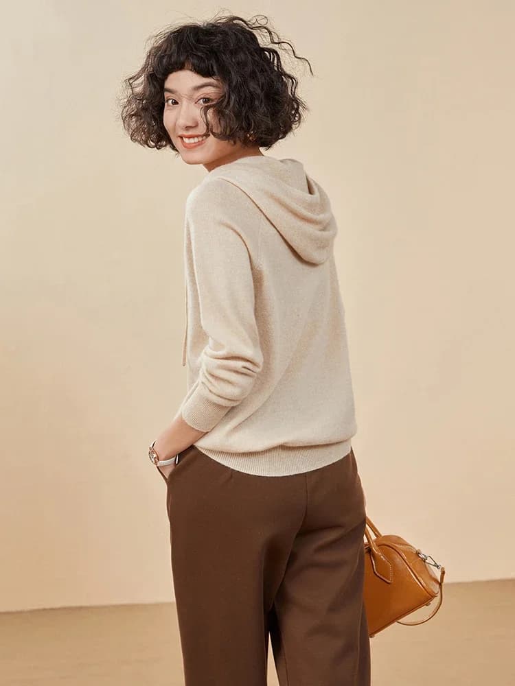 Maglione con Cappuccio in Cashmere di Capra per Donna, Stile Casual Semplice per Primavera, Autunno e Inverno, 100% Cashmere Lavorato a Maglia