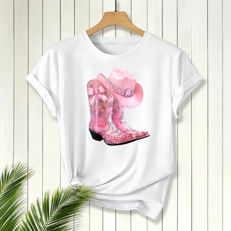 Pink Cowboy Boots And Hat Print, Short Sleeve T-Shirt, Women's T-Shirt, Casual Wear