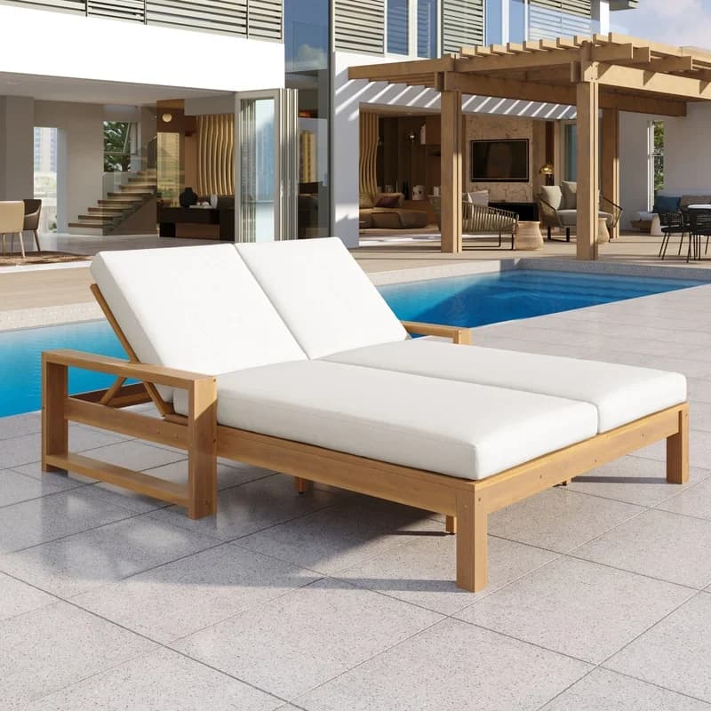 TREXM Outdoor Double Chaise Lounge with Adjustable Backrest, Wood Patio Chair Set with Removable Cushions for Garden or Poolside (Light Teak + Beige)