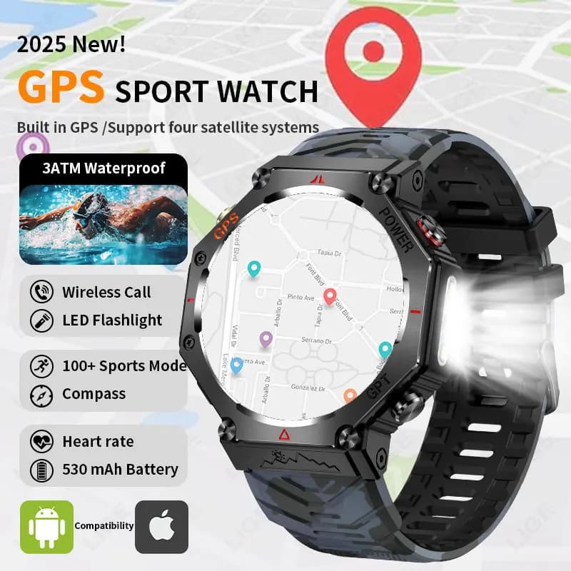 LIGE 2026 Sport Watch with 4 GPS Satellite Systems, Movement Tracking, Waterproof Compass, Bluetooth Call, LED Flashlight, Men's Watch
