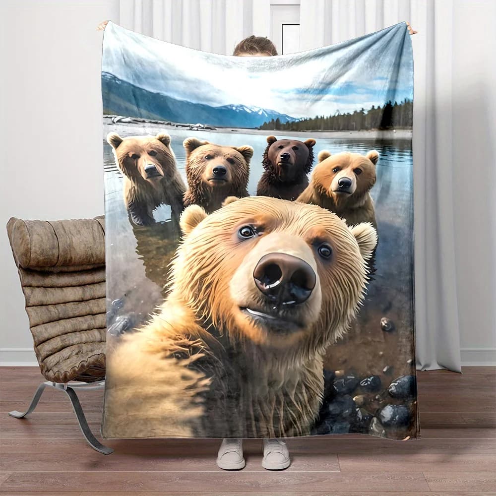 Coperta in flanella con stampa Cozy Bear & River - Morbida, reversibile, comfort per tutte le stagioni per divano, letto, ufficio e viaggi - Perfec