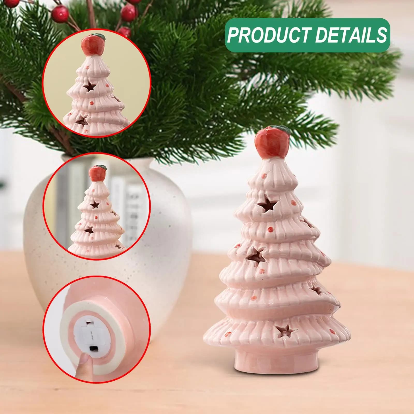 Luce Notturna a Forma di Albero di Natale in Ceramica con Decorazione Superiore per Camera da Letto Festiva