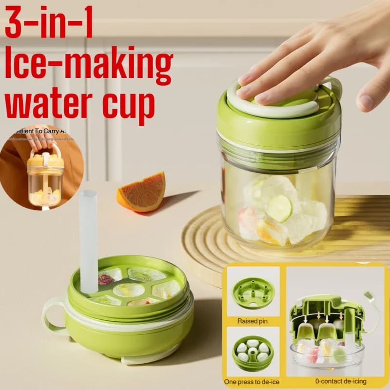 Stampo per cubetti di ghiaccio 3-in-1 con bottiglia d'acqua, tazza da viaggio e pressa per ghiaccio, in materiale alimentare, ideale per l'estate
