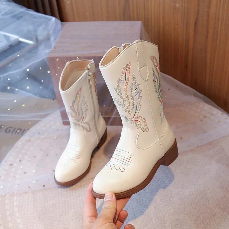 Stivali al ginocchio in pelle bianca ricamati con colori arcobaleno, stivali lunghi da cowboy con cerniera laterale per bambina, stivaletti caldi in peluche per bambini