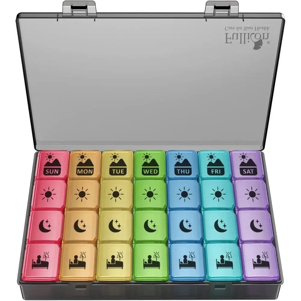 7-Day XXL Pill Organizer with 4 Daily Compartments, Black Medication Box for Supplements and Vitamins