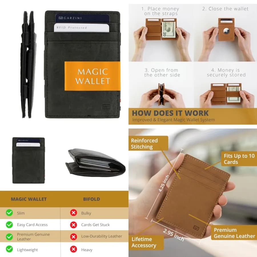Portafoglio magico da uomo, portafoglio minimalista con porta carte RFID, portafoglio in pelle per 10 carte