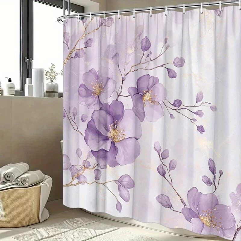 1 tenda da doccia floreale con motivo lavanda e fiori di ciliegio viola con accenti dorati con ganci, tessuto poliestere