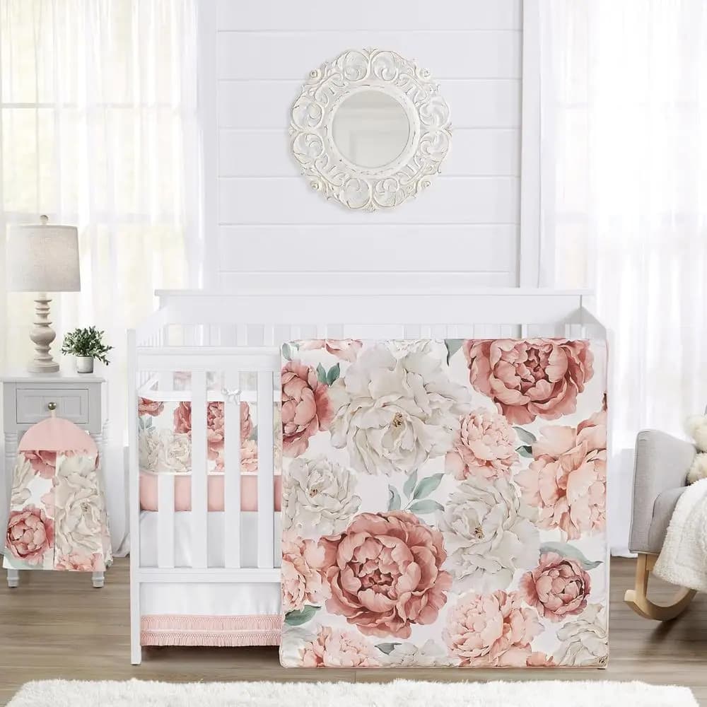 Set di biancheria da culla rosa cipria in stile boho chic con motivo floreale per bambina, traspirante, per la cameretta del neonato, con rivestimento in rete traspirante per culla.