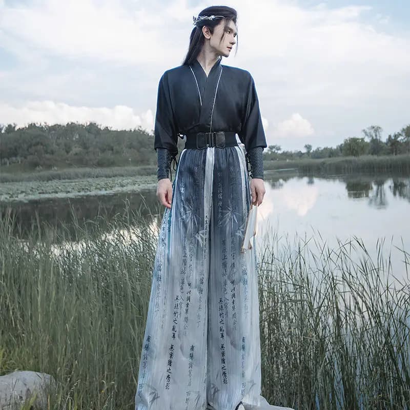 Song Dynasty Hanfu Male Set - New Chinese Style Wide-Leg Pants Ink Painting Unisex Calligraphy Inspired Outfit Men Costume