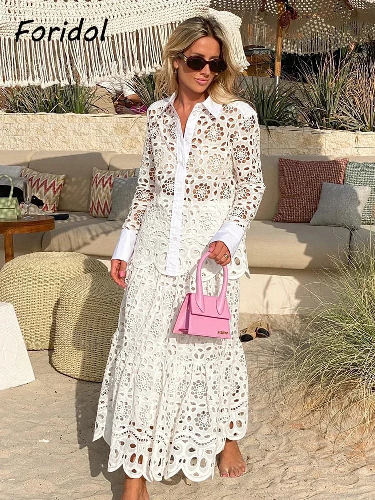 Primavera donna estate abito in pizzo bianco Set scava fuori ricamo camicia gonna 2 pezzi Robe abiti monopetto in cotone Maxi vestito