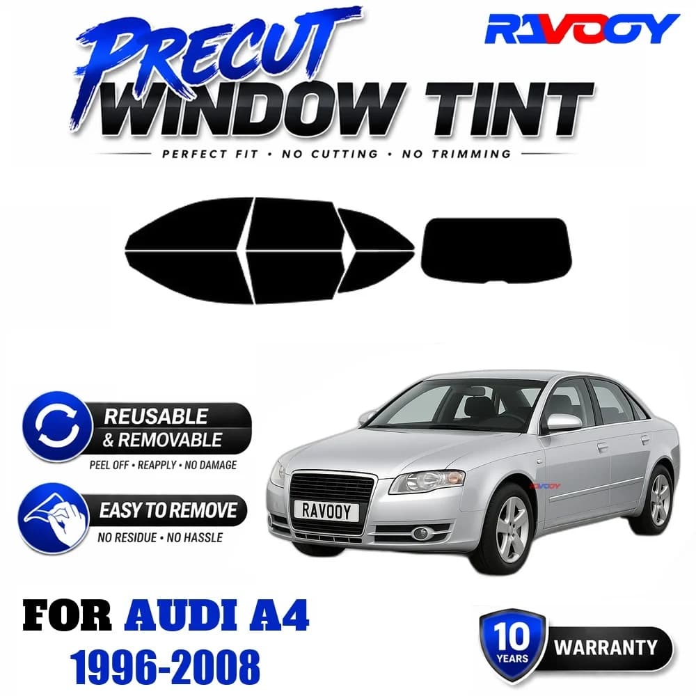 RAVOOY Precut Window Tint, Reusable Removable EPU Film, Custom Fit for Audi A4 1996-2008, UV Heat Protection