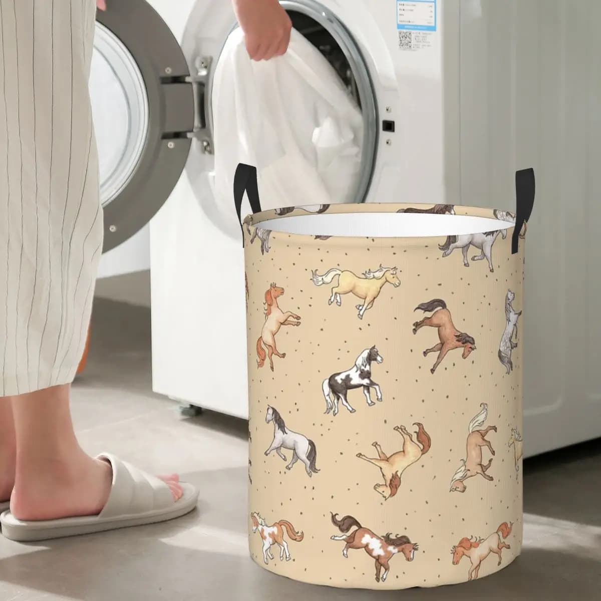 Cesti Portabiancheria Pieghevoli Taupe con Motivo Cavalli Sparsi, Cesto Contenitore per Vestiti Sporchi e Giocattoli, Organizer Domestico