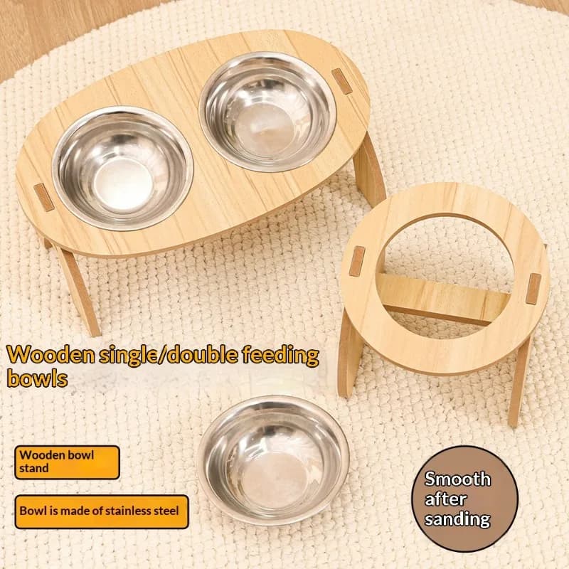 Supporto per ciotola in legno per gatti doppio per adulti e gattini Ciotola per cibo per cani antiribaltamento in acciaio inossidabile Forniture per animali Accessori per cuccioli