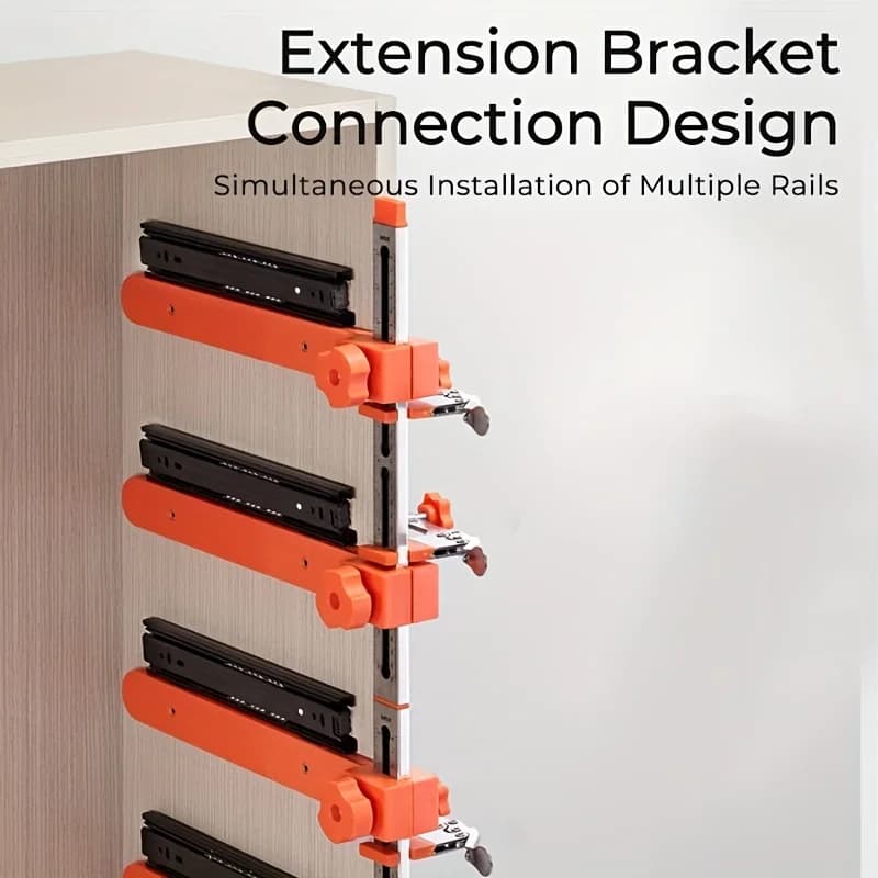 Installatore per guide per cassetti, Dispositivo di fissaggio per guide per cassetti di precisione arancione con morsetto di bloccaggio e braccio magnetico - Altezza regolabile, Marcatura a doppia scala incisa a laser, Adatto per installazione rapida e precisa di mobili