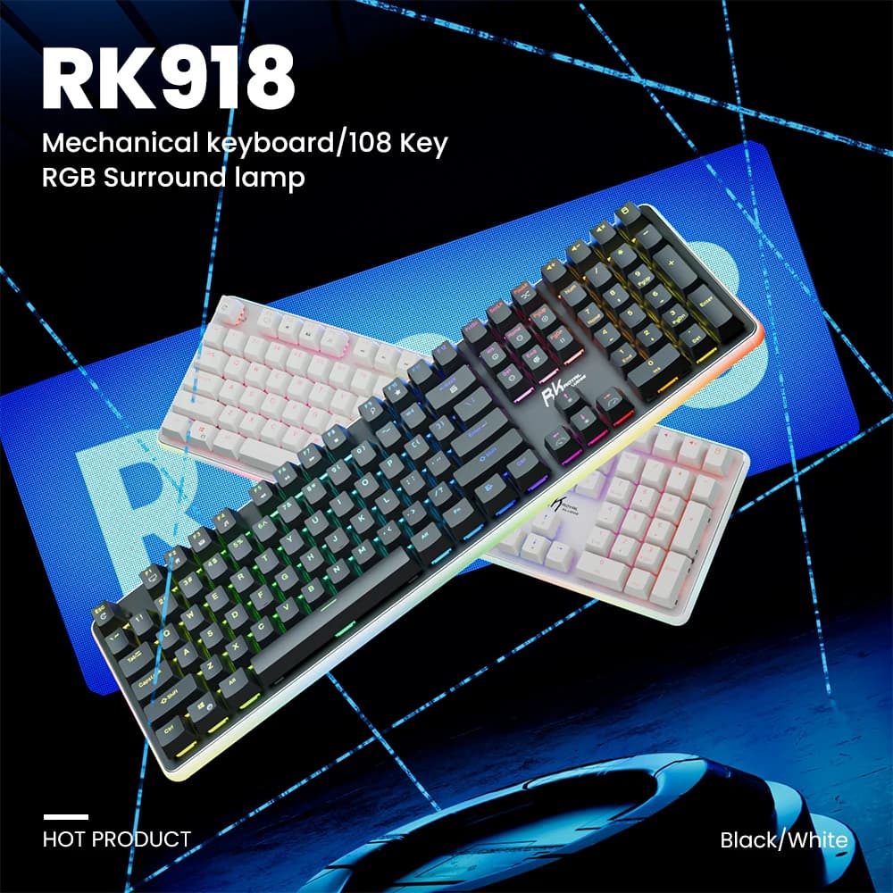 RK ROYAL KLUDGE RK918 Tastiera da gioco meccanica 100% 108 tasti Retroilluminazione RGB con supporto per il polso Lampada laterale a LED di grandi dimensioni