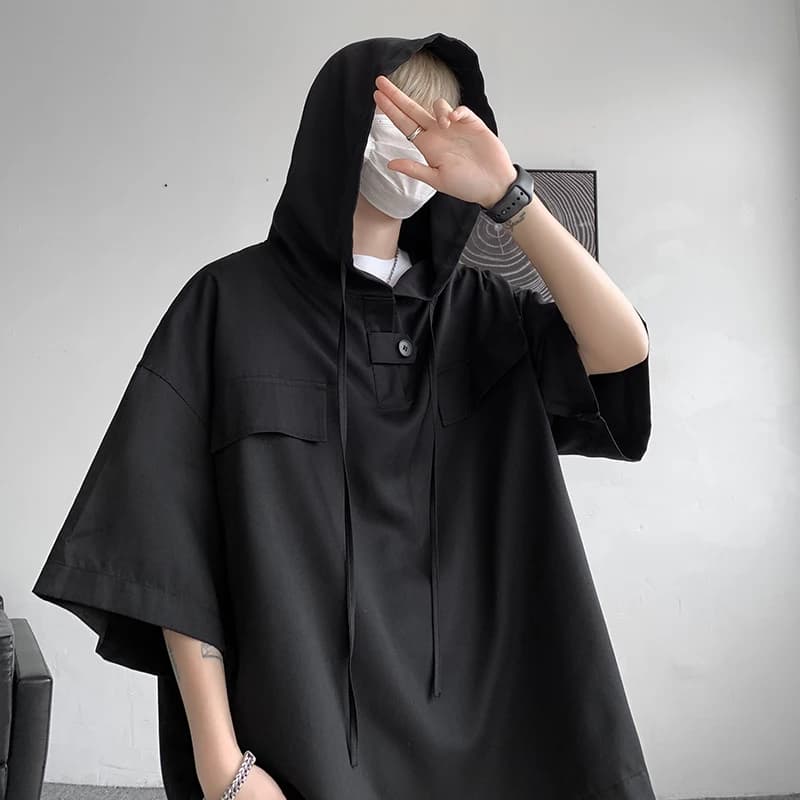 T-shirt con cappuccio estiva in 5 colori da uomo pullover coreano a mezza manica streetwear t-shirt allentata top con coulisse abbigliamento da uomo