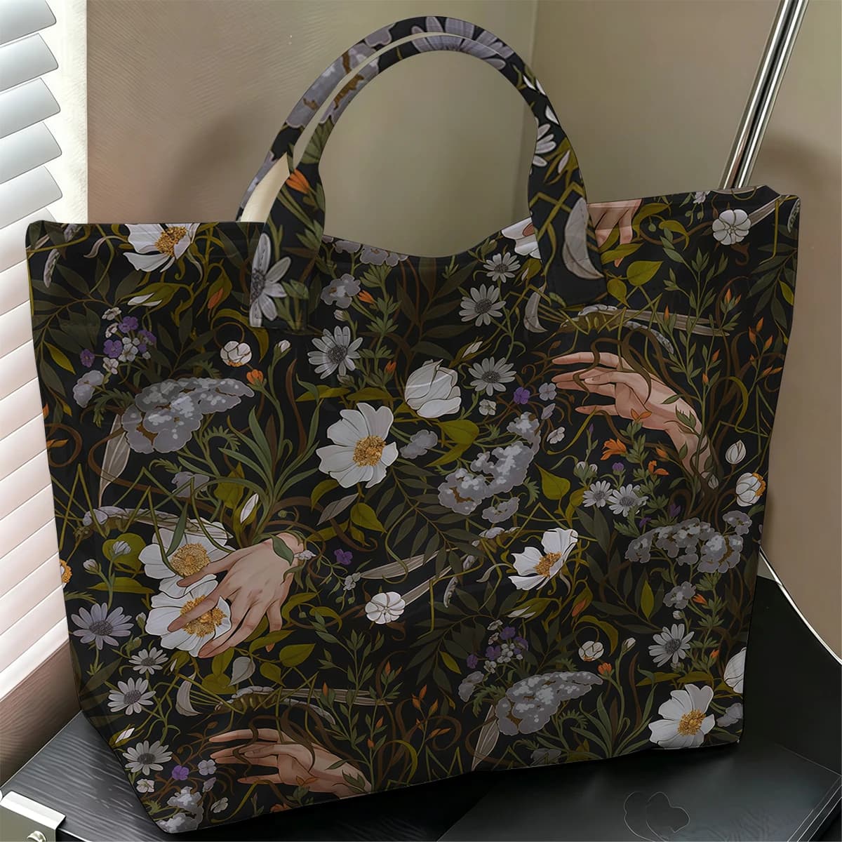 Dark Botanical Hand Stylish Large Glossy PVC Tote Bag Washable Waterproof Durable Ideal for Travel Commute Cosmetics Handbags