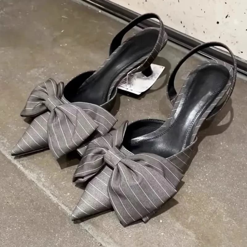 Sandali vuoti con testa a punta con fiocco a righe, temperamento primaverile da donna, bocca leggera, tacco sottile, tacco alto, scarpe singole