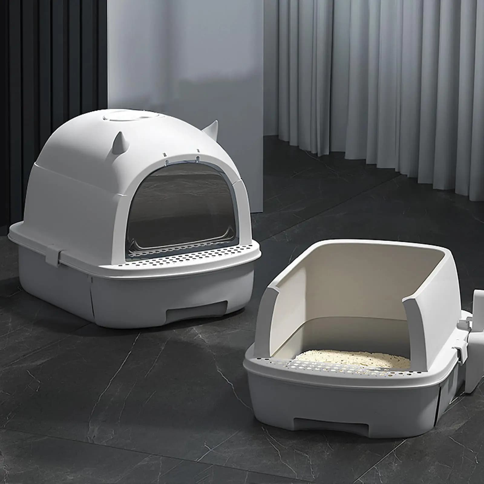 Covered Cat Litter Box for Indoor Cats with Sand Leaking Pedal and Entrance Curtain Anti Odor Tray
