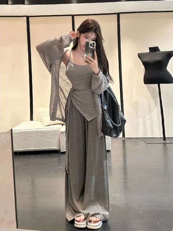 Korean Pure Desire Style Women's Summer Sunscreen Open Cardigan Irregular Strap Wide Leg Pants Three-Piece Set High Waist
