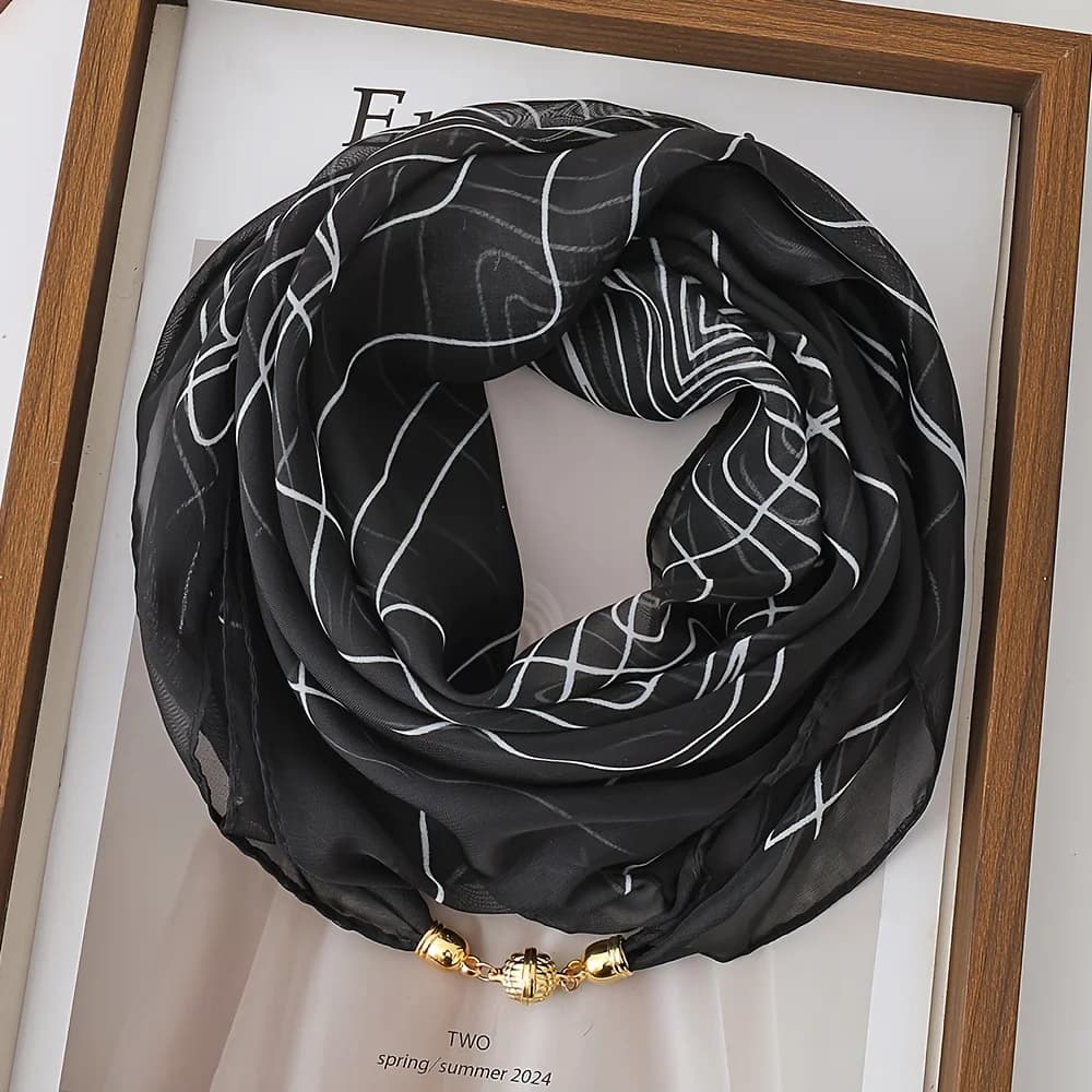 Lightweight Line-Printed Scarf with Magnetic Clasp, Convenient and Stylish Neck Scarf, 100% Polyester Fiber, Women's Decorative Scarf, Suitable for All Seasons
