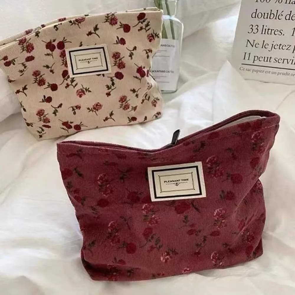 Retro Corduroy Cosmetic Bag Large Capacity Flower Makeup Bag Handheld Wash Bag Women