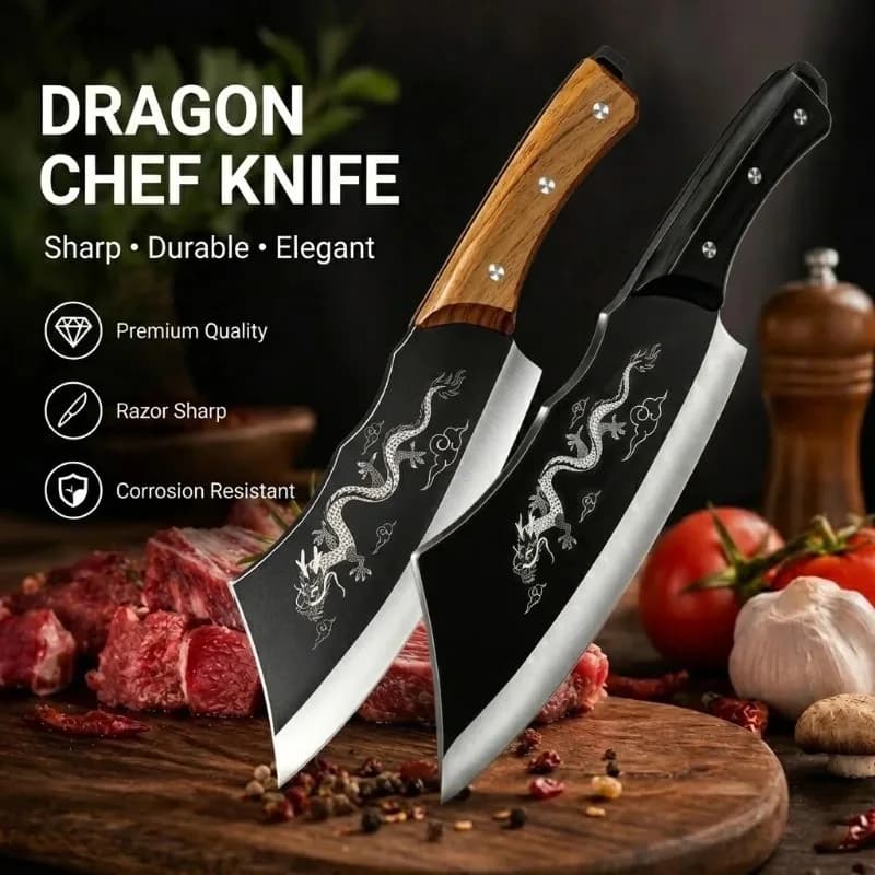 New Dragon Chef Knife Meat Cleaver Stainless Steel HeavyDuty Butcher Chopping Knife with Wooden Handle & Sheath for Home Kitchen
