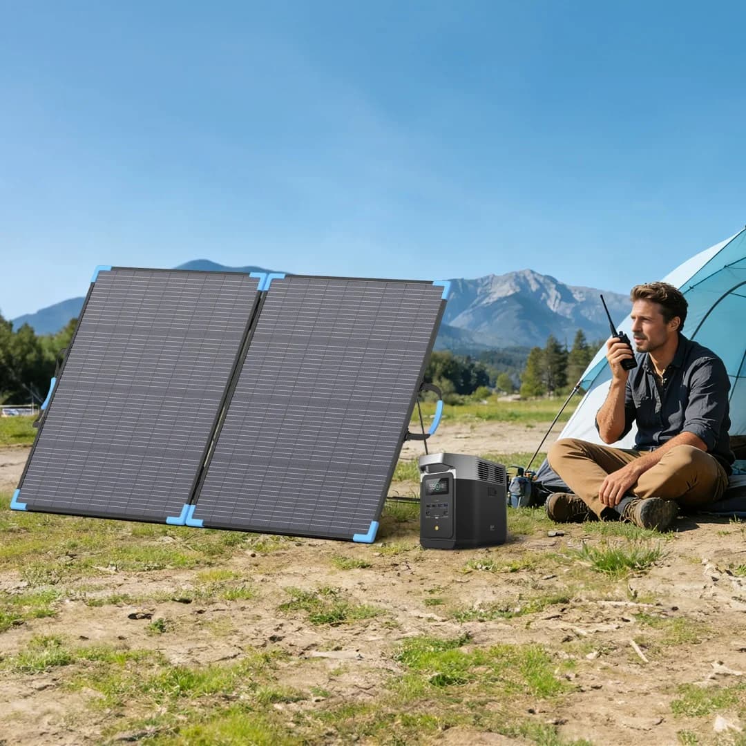 Pannello Solare Bifacciale E-POWO 20V 220W, Caricatore Solare Pieghevole con Tasso di Conversione Energetica del 23,4% per Auto, Barca, Roulotte, Campeggio