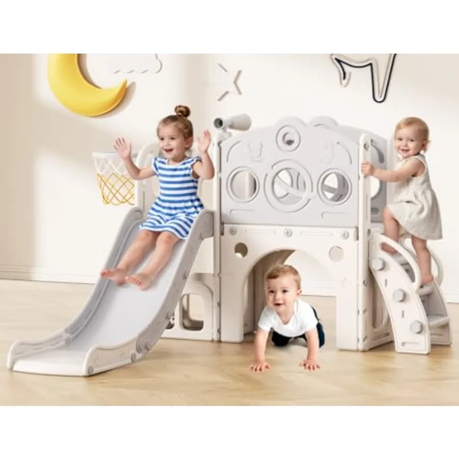 Scivolo per Bambini 8 in 1 con Canestro da Basket, Telescopio e Arrampicata, Set da Gioco per Interni ed Esterni