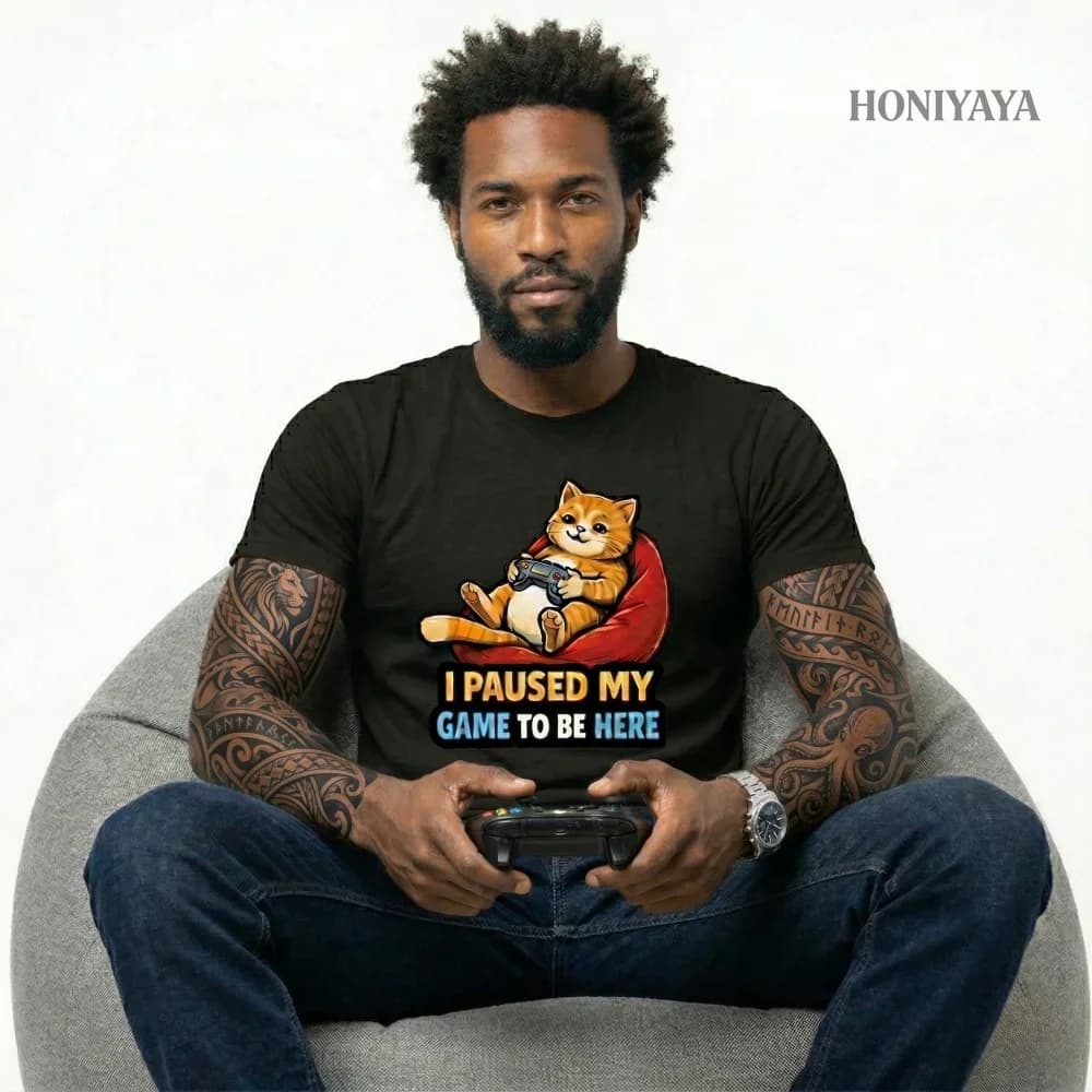 Maglietta divertente da uomo e da donna in cotone, casual, con gatto gamer, con la scritta 'I Paused My Game', regalo per i giocatori
