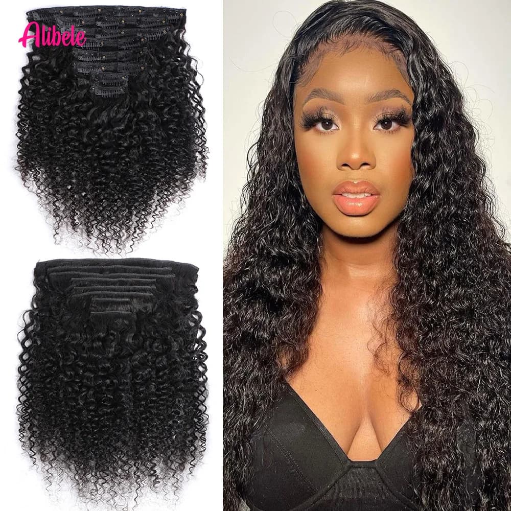 Alibele Kinky Curly 100% Remy 120G Human Hair 8 Pz/set Full Head For Women Clips In Extensions Of Human Hair Natural Brasilian