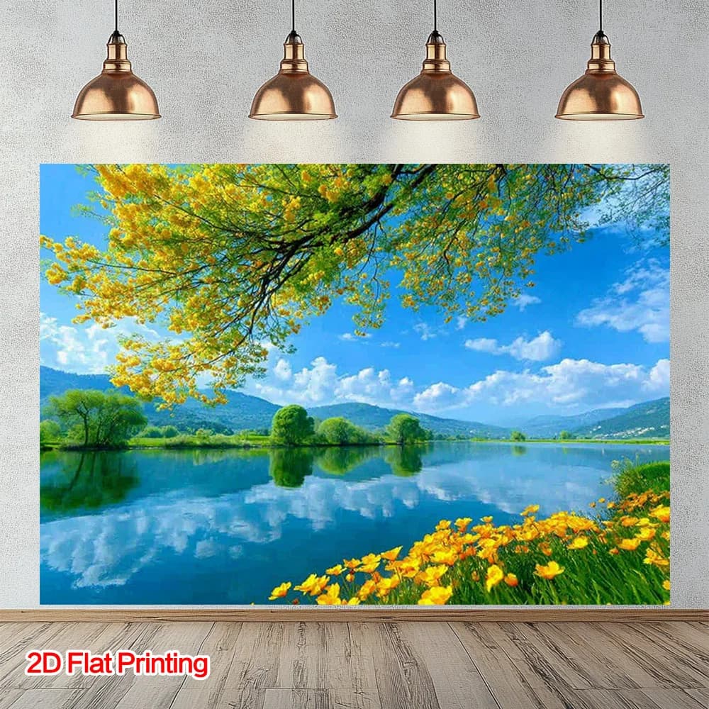 Scenic Landscape Wall Art Canvas Print Blue Sky Yellow Flowers Nature Scene Water View Home Decor Tapestry Decor Gift