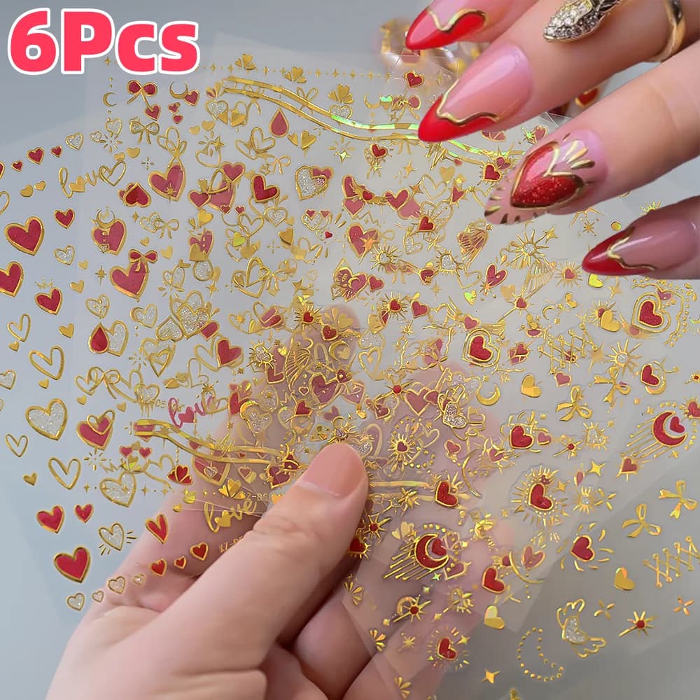 6 pezzi 3D laser oro cuore fiocco blocco adesivi per nail art dolce amore rosso autoadesivo decalcomanie per unghie decorazione manicure romantica slider