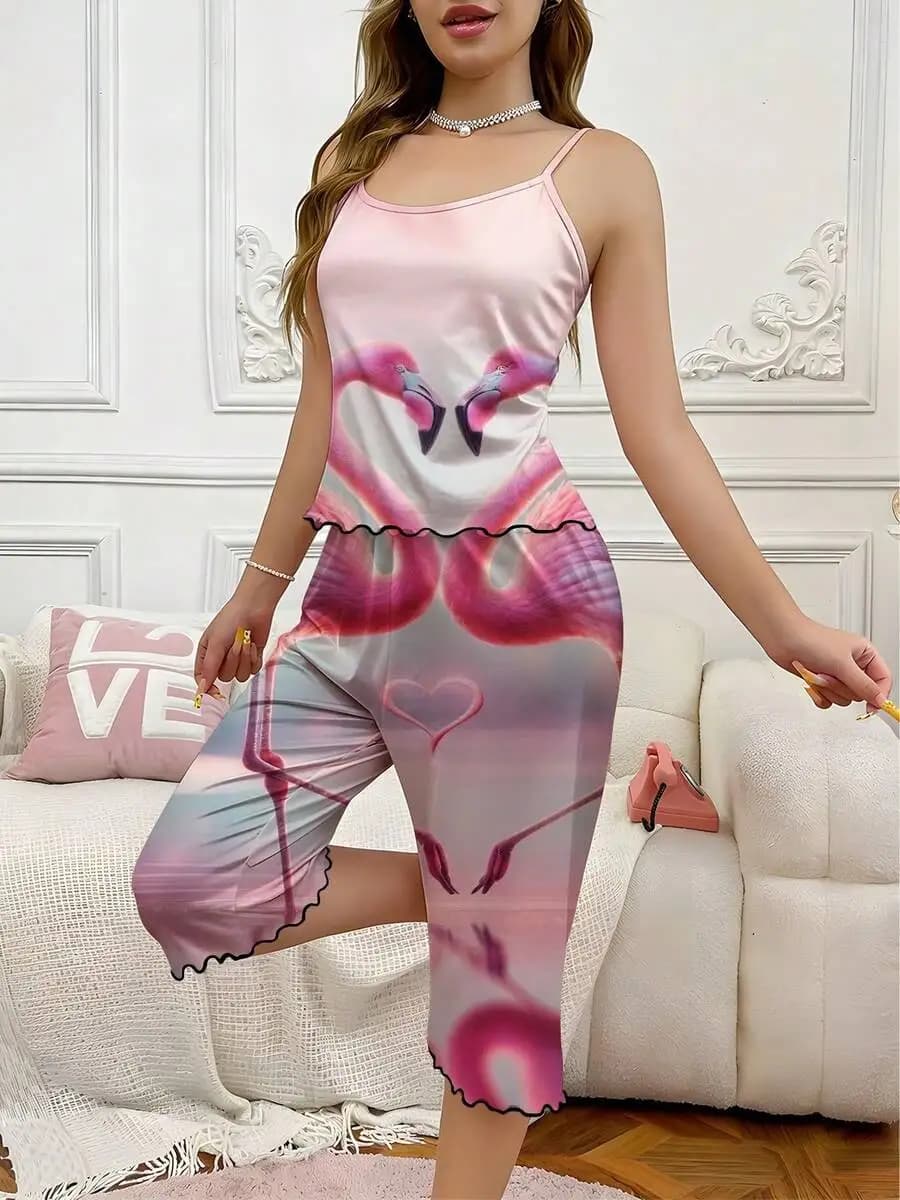 Womens Flamingo Heart Gradient Print Two Piece Pajama Set 100% Polyester