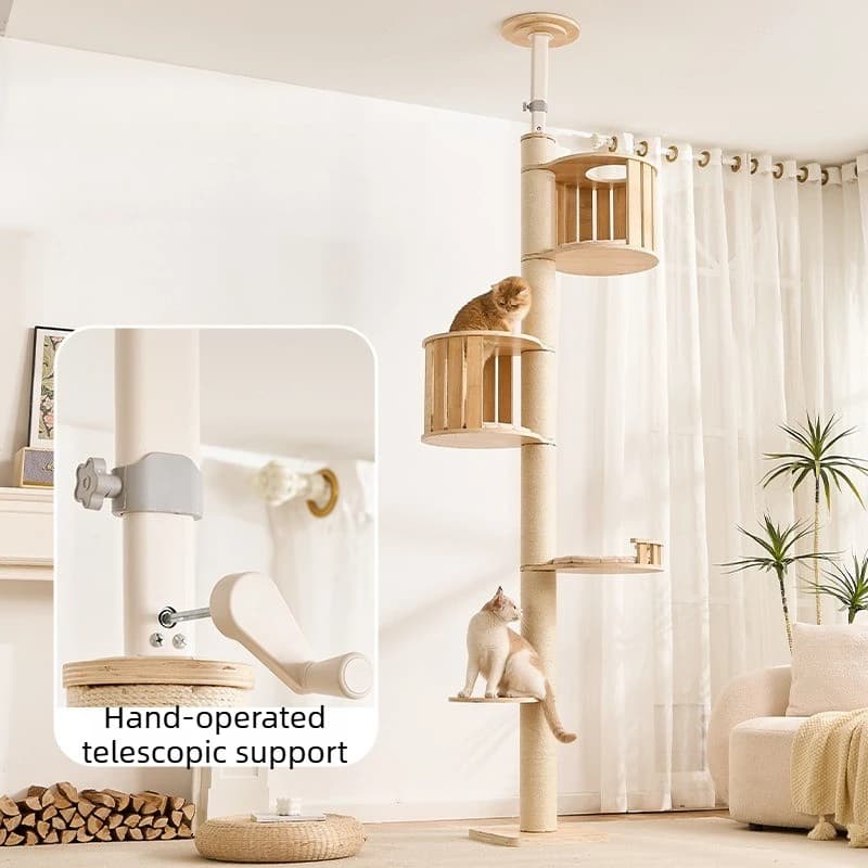 Solid Wood Cat Climbing Frame Indoor Sturdy Cat Trees Sisal Durable Cats Scratch Post Space Capsules Comfortable Cats Nest
