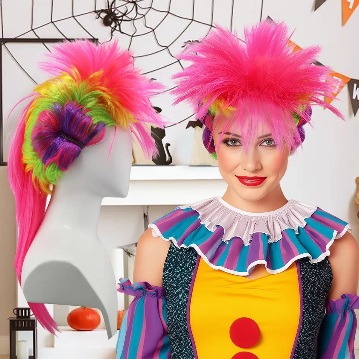 Parrucca a coda di cavallo con punte effetto neon arcobaleno e chignon colorati, capelli sintetici vivaci per costumi punk anni '80, rave e Halloween